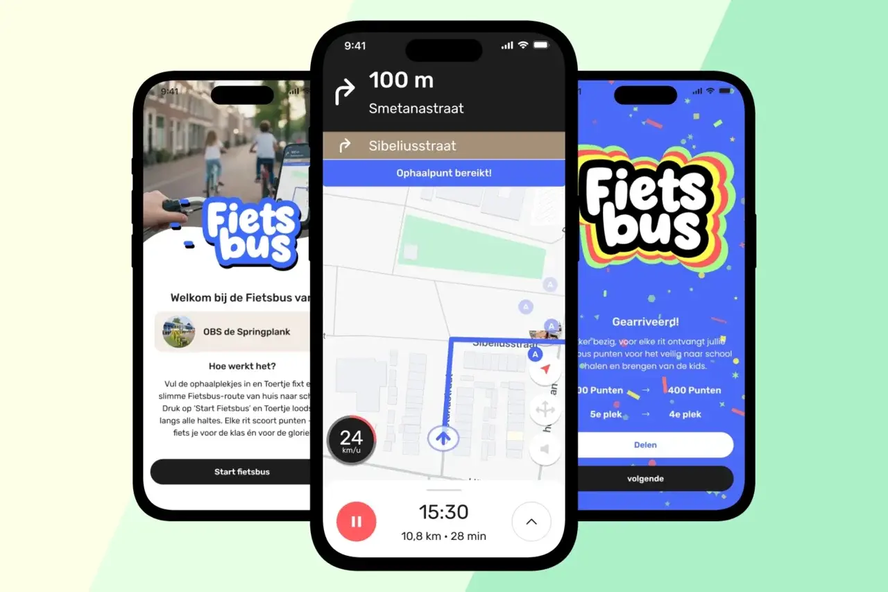 De Fietsbus-app met route en ophaalpunt