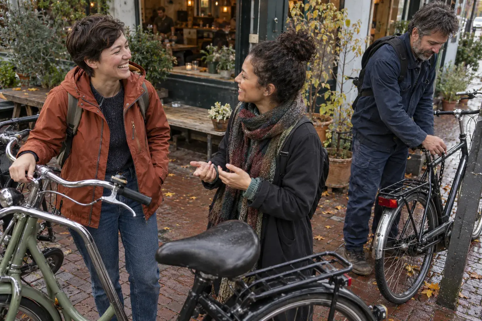 Een ontspannen ontmoeting met fietsen bij een café in de stad