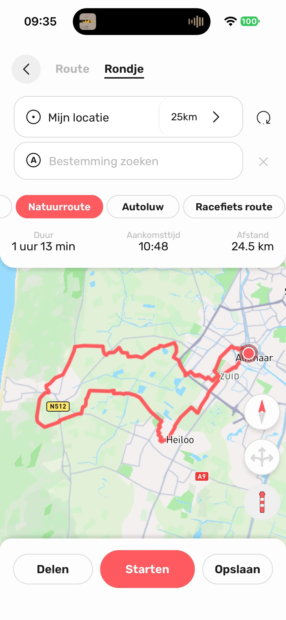 Een rondje plannen in Toertje: vertrekpunt, afstand en routevoorkeur kiezen