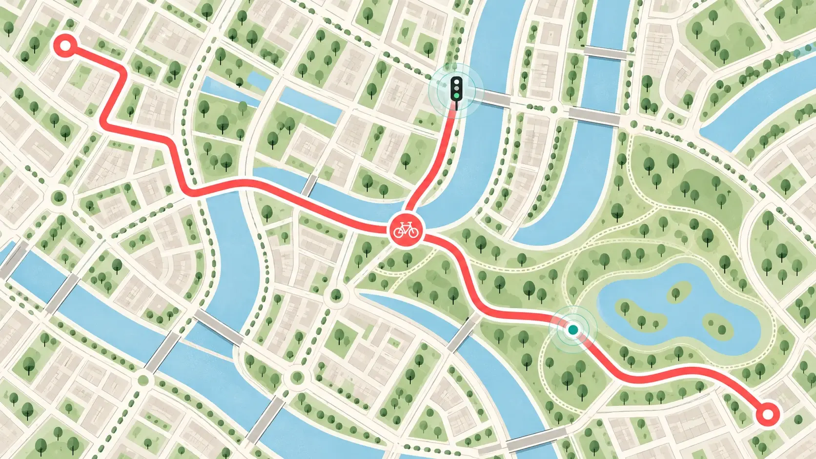 Illustratie van een fietsroute door een groene stad, met water, een fietser en een verbonden verkeerslicht
